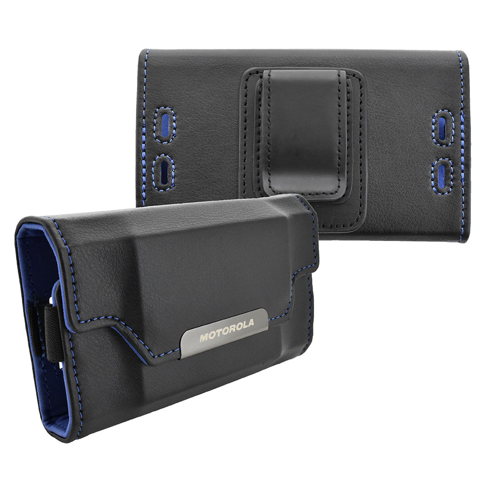Horizontal holster with belt clip and blue trim.